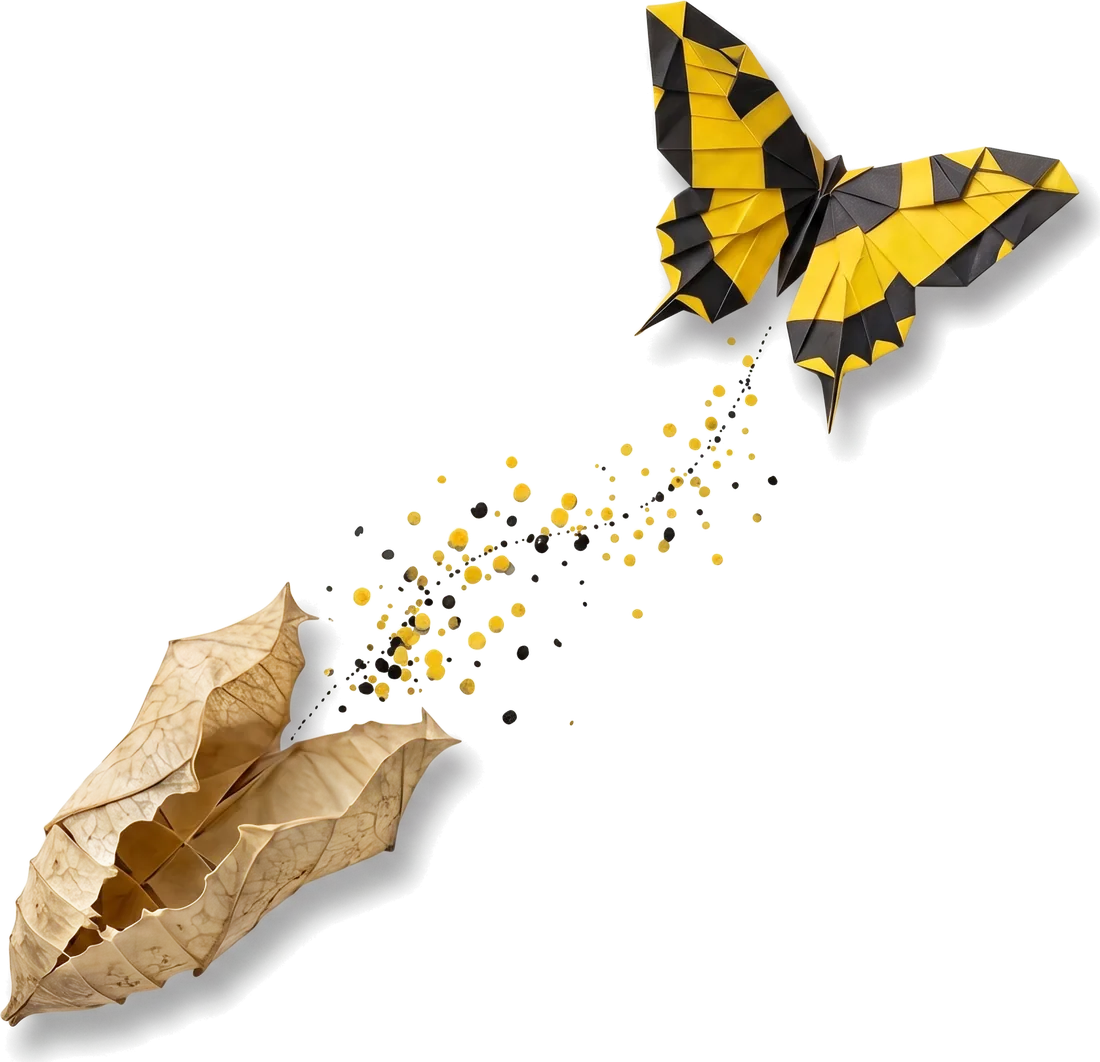 A butterfly rising from an open chrysalis, leaving a trail of gold and black dots
